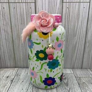 Hand-Painted and vinyl Floral Mason Jar with Pink Rose Accent